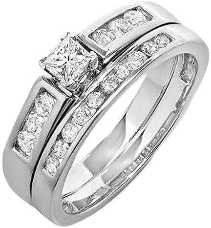 Dazzlingrock Collection 0.60 Ctw 14k Princess & Round Diamond Bridal Engagement Ring Set With Matching Band, Solid White Gold