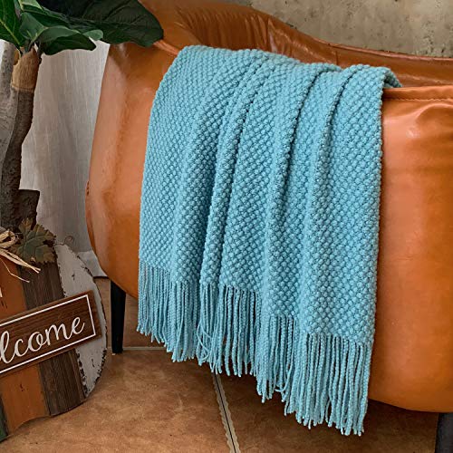LOMAO Knitted Throw Blanket with Tassels Bubble Textured Lightweight Throws for Couch Cover Home Decor (Lake Blue, 50x60) - Image 3