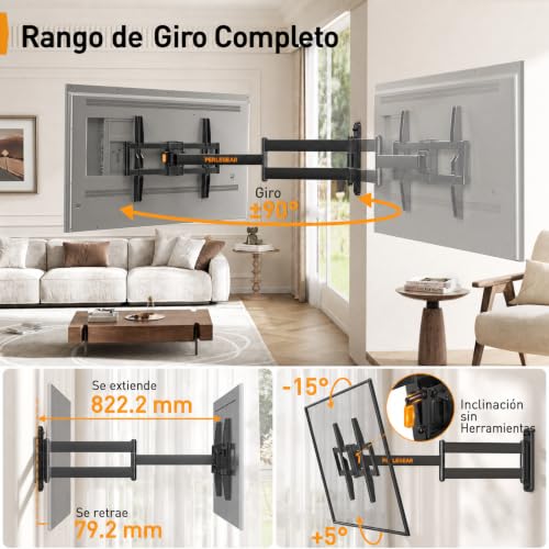 Miniatura 4 de Perlegear Soporte Tv Pared Con Brazo Articulado Extralargo Para Pantallas Planas Y Curvas De 32-75 Pulgadas, Soporte Tv Inclinable Y Giratorio Con Brazo Articulado, Máximo Vesa 600x400 Mm Hasta 45kg