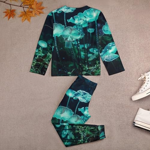 Blue Glowing MushroomsChildren's Pajama Set Round Neck Long Sleeve Top + Pants Two-piece Set140CM3