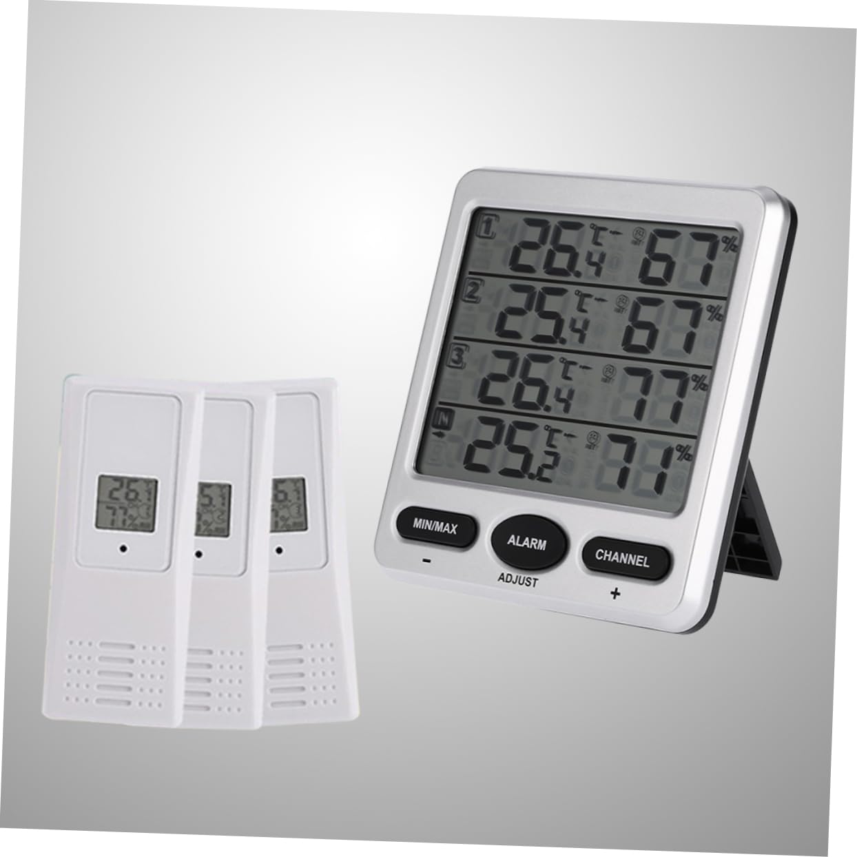 Termoigrometro Wireless Bianco Modello Ws-10 con Ricevitore e 3 Sensori | Plastica, Trasmissione senza Fili, Misurazione Accurata, per Allevamento e Cantina del Vino