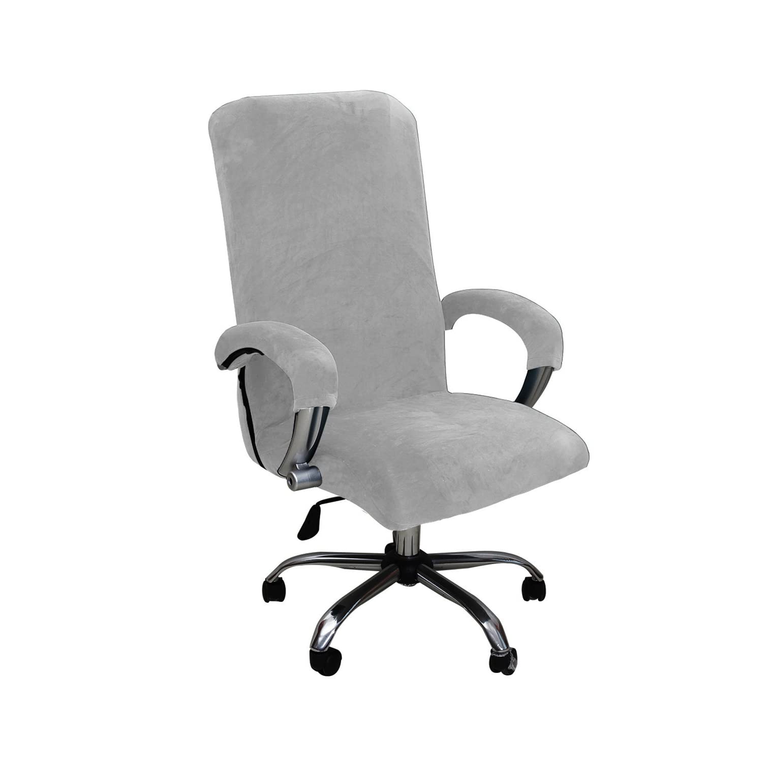 YOPOIY Velvet Office Chair Cover, Stretchable Rotating Chair Slipcovers Universal Computer Chair Slipcover with Zipper Washable Office Chair Cover with Arm Covers -light grey-Large