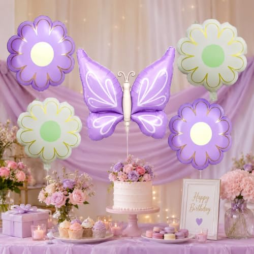 Image of Wanna Party Butterfly and Flower Foil Balloon Set of 5, Purple Butterfly Balloon with Colourful Daisy Flower Balloons for Birthday, Baby Shower, Garden Theme & Party Decoration