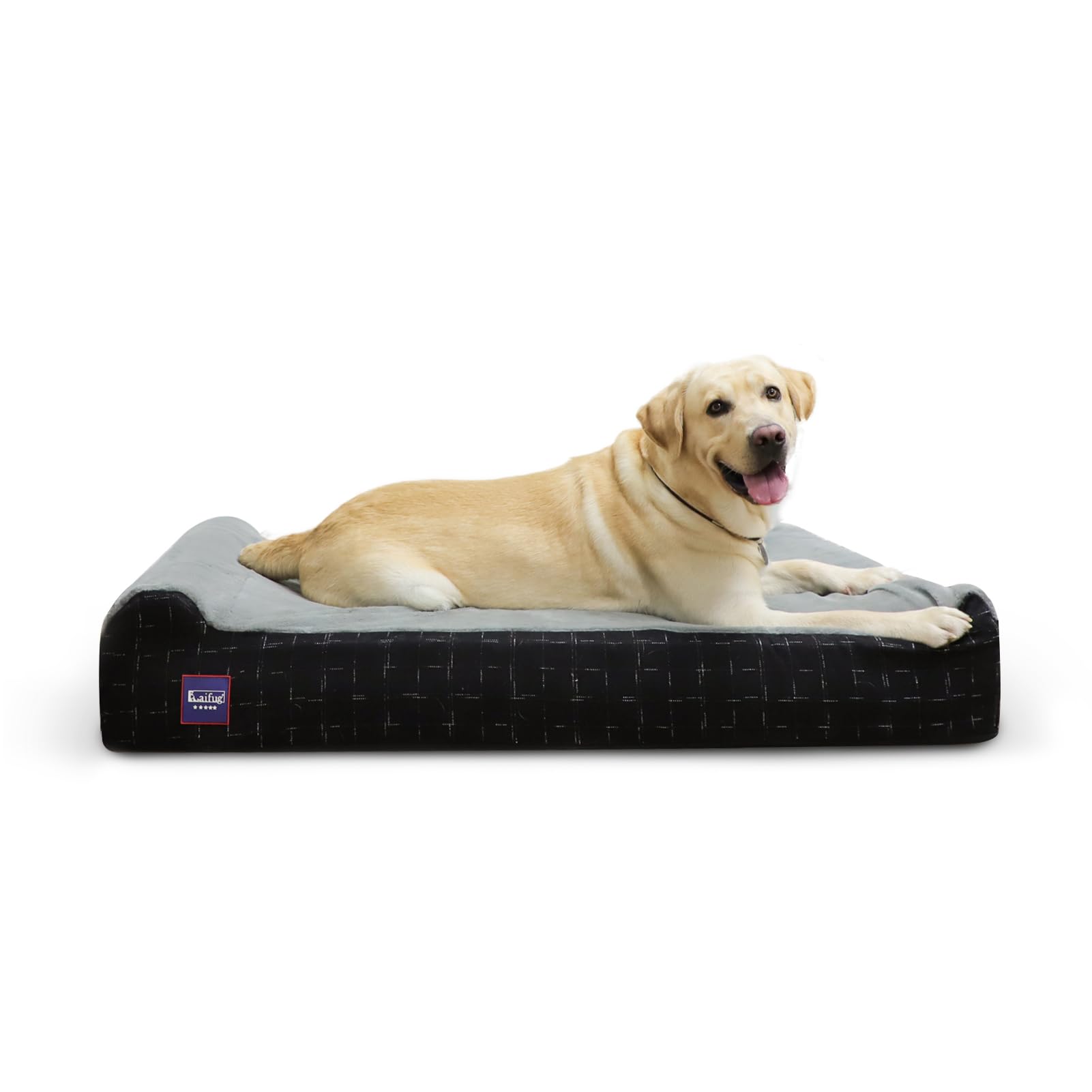 Laifug Orthopedic Dog Beds for Large Dogs,7" Memory Foam Dog Beds,Durable Water Proof Liner Removable and Washable, Nonskid Bottom, Black Grid Grey 50"x36"x10"