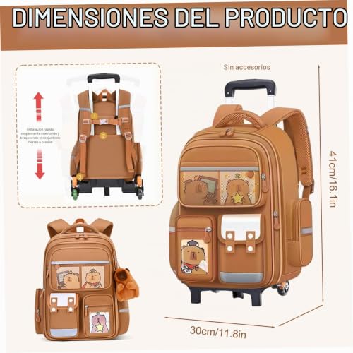 Mochila de capybara con ruedas de gran capacidad escolar con mango retráctil y detalles reflectantes 3