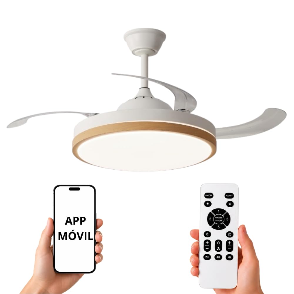 NARVI Ventilador de techo con 3 Palas retráctiles, Motor DC, Luz Led Regulable en intensidad y color Con memoria Mando a distancia Blanco y Madera Haya 45w