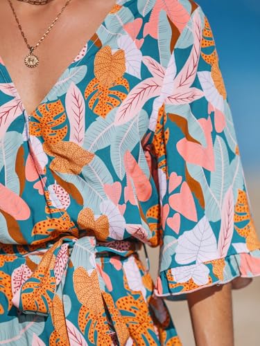 Image of CUPSHE Beach Dress for Women Casual Summer V Neck Tropical Half Sleeves Belted Ruffled Vacation Mini Dress