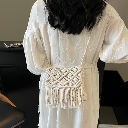 Boho Crossbody Bag for Women, Crochet Bohemian Purse Small Crossbody Bags for Women, Cute Summer Beach Woven Purse with Tassels White Hippie Style4