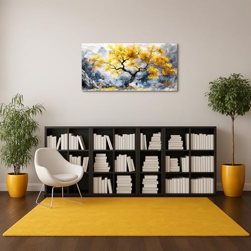 crmotu Tree of Life Large Wall Art, Chinoiserie Scenic Ink Paintings, Mountain Tree Landscape Artwork for Walls, Abstract Watercolor Modern Wall Decor Living Room Bedroom Office Art Prints 20x40inch