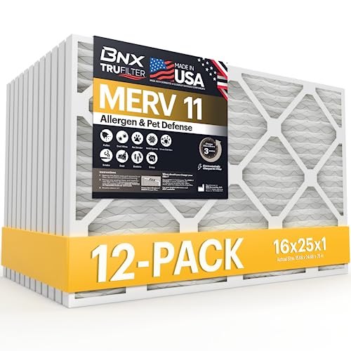 Image of BNX TruFilter 16x25x1 Air Filter MERV 11 (12-Pack) - MADE IN USA - Allergen Defense Electrostatic Pleated Air HVAC AC Furnace Filters for Allergies, Dust, Pet, Smoke, Allergy MPR 1200 FPR 7