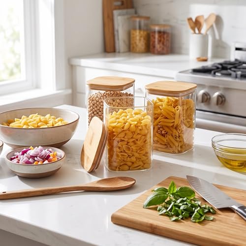 Image of Airtight Square Glass Storage Jar with Bamboo Lid, 950ml Multipurpose Kitchen Container for Coffee, Tea, Sugar, Masala, Spices & Dry Fruits | Modern Transparent Pantry Organizer (Pack of 1)