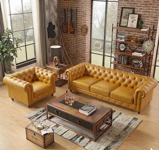 Image of Modern Classic Design Leatherette Luxury Chester Sofa Set with Button Tufted, Sofa for Living Room Home, Office and Lobby (Yellow, 3+1=4 Seater Sofa)