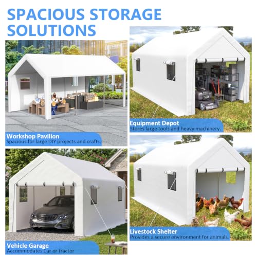 Image of Jocoevol 10x20 FT Enclosed Carport with Roll-up Windows, Removable Sidewalls & Doors and Sandbags for Car Boat Truck Motorcycle, White