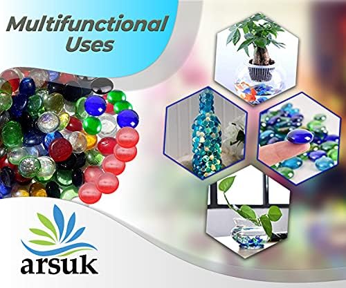 ARSUK Decorative Glass Pebbles, Stones Beads Rounded Gems Flat Marble, Vase Filler, Fire Artificial Crystal Gemstones for Aquarium, Mosaic Tiles Vases Craft, Garden Flowerpot(70-80 Mixed Pebbles)