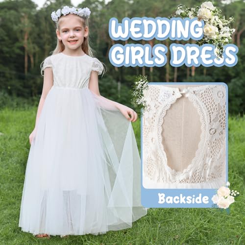 Girls Dresses Size 6-10Y White Lace Dress Toddler Girls Outfit Ivory Flower Girl Kids Formal Dress with Flower Crown2