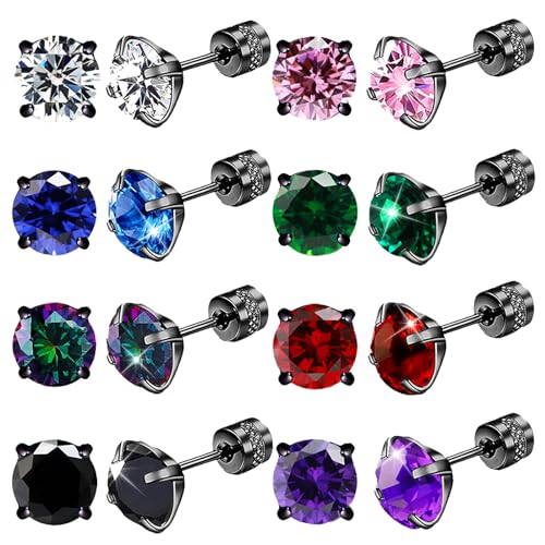 8Pairs Screw Back Stud Earrings Surgical Stainless Steel Stud Earrings for Women Men Hypoallergenic Titanium Earring for Sensitive Ears Rainbow CZ Double Side Sleeper Studs