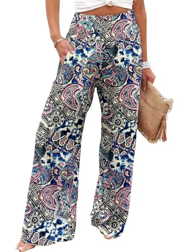 JZC Women Summer Flowy Pants High Waist Wide Leg Palazzo Beach Pants Stretchy Trousers with Pockets Floral Print S