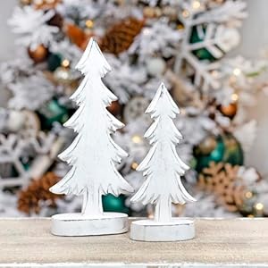 Auldhome design wooden christmas trees set of 2 distressed white tabletop handmade mango wood trees wrectangular base for holiday home decor  urban country home decor