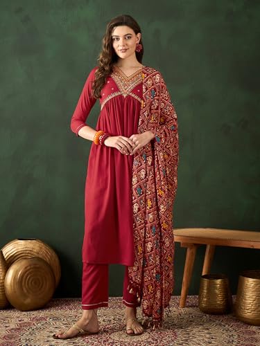 Image of SheWill Women's Mustard American Crepe Zari Sequence Embroidered Alia Cut Kurta with Pant and Dupatta