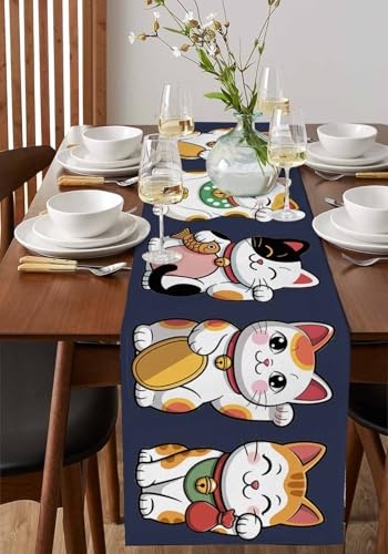 Atuitaisyou テーブルランナー テーブルクロス 食卓飾り おしゃれ 北欧風 家庭用 滑り止め リネン風 パーティー イベント 長方形 茶室 テーブルセンター 和風 可愛い招き猫 レトロ 紺色 幅33cm×丈274cm