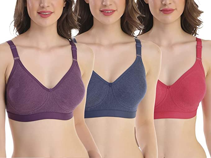 Image of SKDREAMS Blue & Brown & Purple-32D Cotton Blend Seamless Non Padded Non-Wired Full Coverage Pack of 3 Women T-Shirt Bra Combo