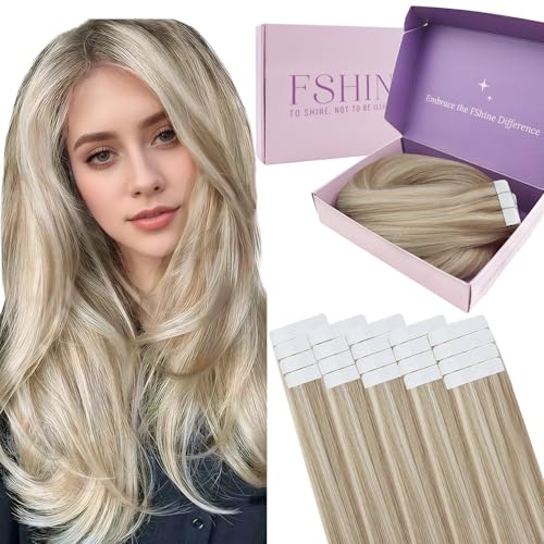 Fshine Tape in Hair Extensions Real Human Hair,12 Inch 20 pcs 30 g,Silky Straight Tape Hair Extensions,Color 18P613 Highlight Blonde,Perfectly for Parties and Weddings for Women