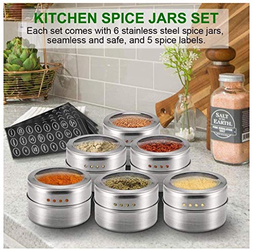Magnetic Spice Tins Stainless Steel Spice Jars Clear Top, Multi-Purpose Storage Spice Container with Spice Labels, 6 Spice Tins with Clear Lid Sift And Pour Home Kitchenâ€¦