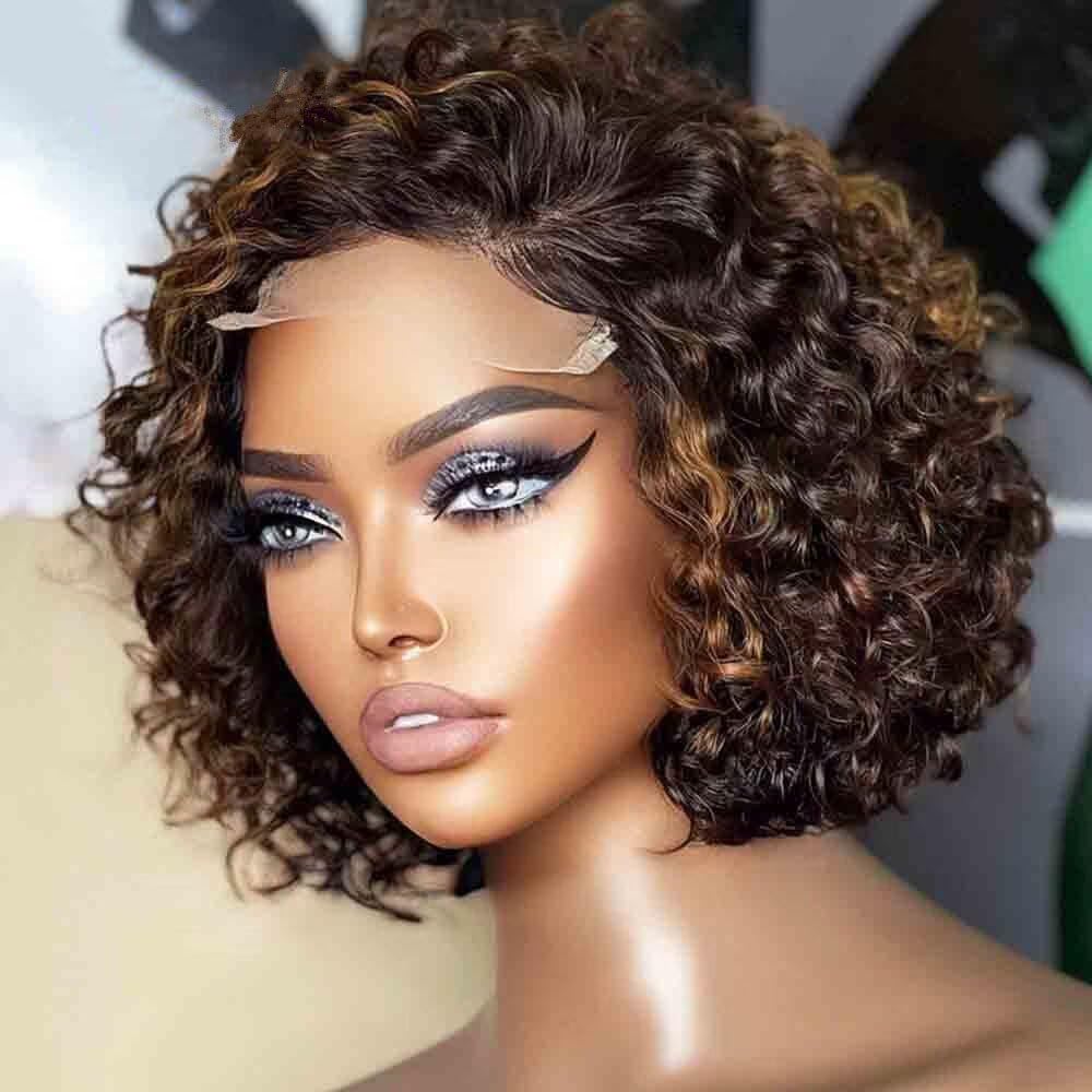 Short Bob Curly Human Hair Highlight Wigs Pre Plucked Real Full Lace Wig Brazilian Hair Pixie Cut Curly HD Transparent Full Lace Human Hair Wigs For