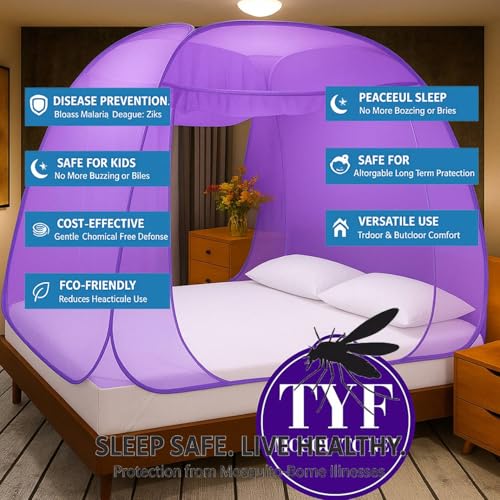 Image of TYF Mosquito Net for Bed Made with Polyester Material | Foldable Mesh Design | Lightweight and Portable Structure | Carry for Indoor Sleeping Spaces, Purple 6.15 Feet X 6.15 Feet Double Bed