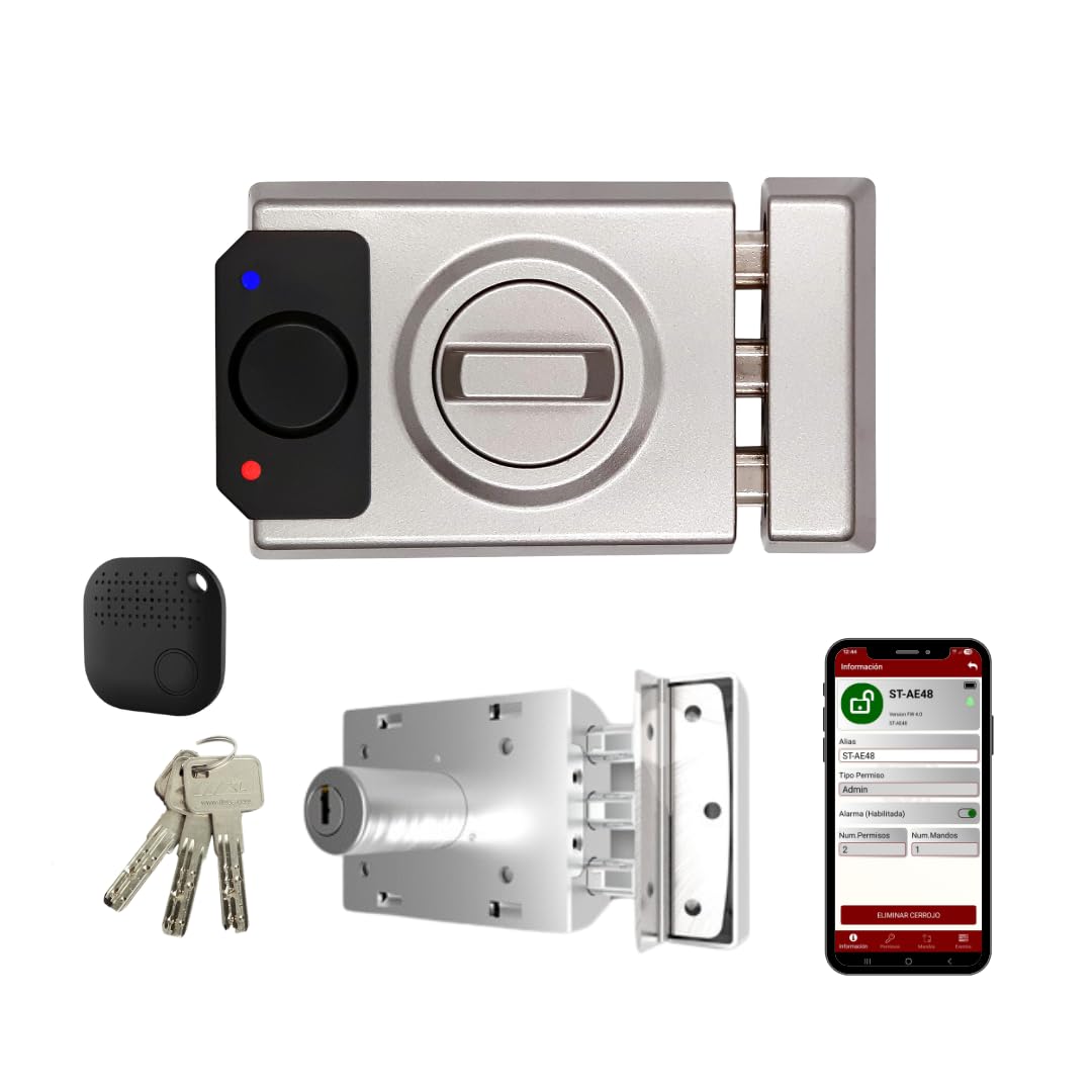 Lince SMARt7930 Cerradura inteligente para puerta – Cerrajo con alarma de 100 dB, control por aplicación, control remoto y llave reversible de alta seguridad – Recargable por USB-C – Color Plata | Aplicación móvil, control remoto, apertura mecánica con ll