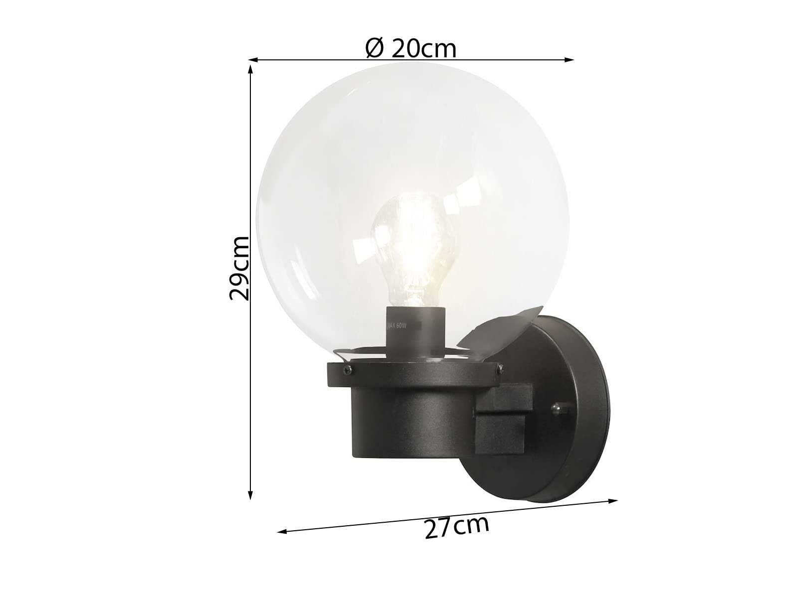 Moderna lampada da parete a LED per esterni, con interruttore crepuscolare e grande sfera in vetro, colore nero