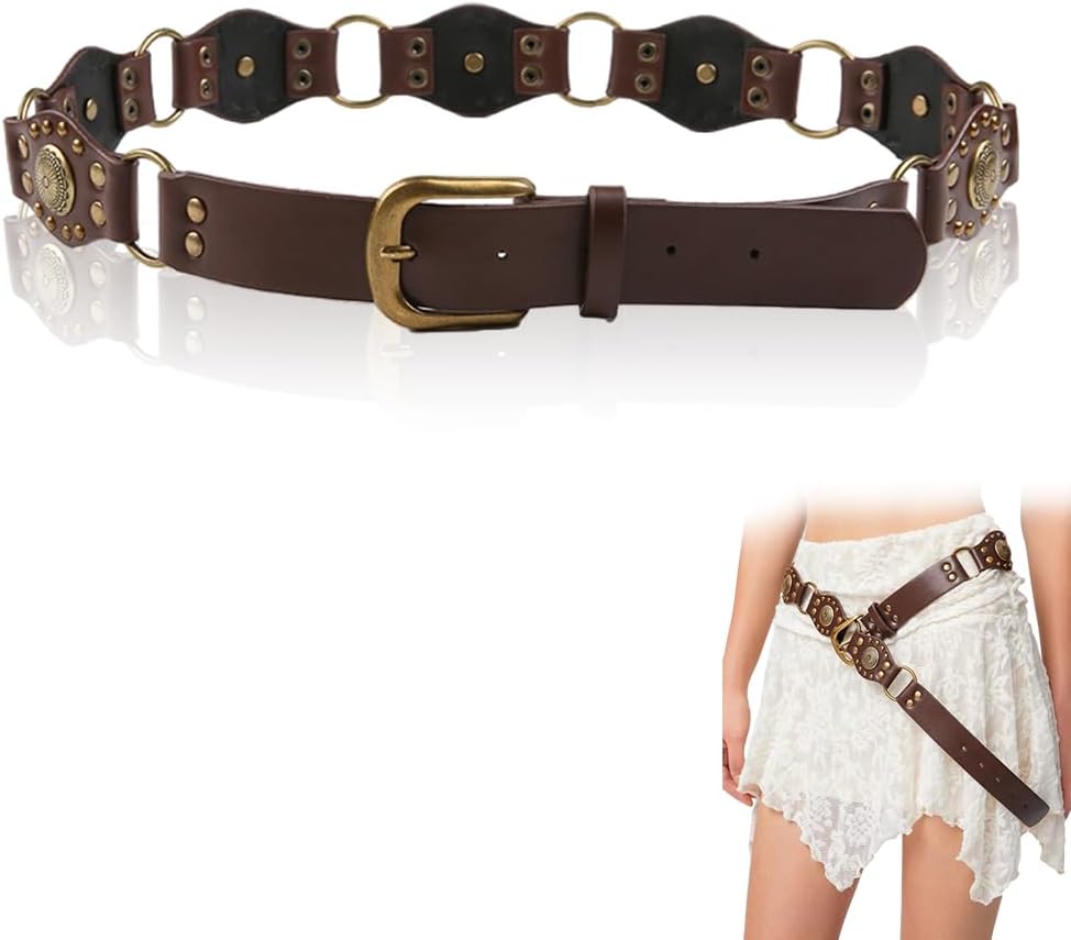 Waist Belt for Women Girls Vintage Concho Buckle PU Leather Belt Adjustable Western Punk Belts Stylish Cowgirls Y2K Accessories Belt for Women Dresses, Jeans, Skirts