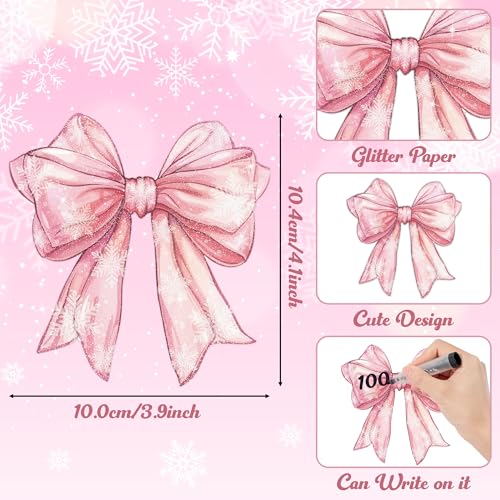 Image of Snowflake Pink Bow Cutouts - 100Pcs Winter Glitter Bow Snowflake DIY Paper Cuts Party Decors Bowknot Shape Cutout Bulletin Board for Winter Xmas Birthday Party Classroom Home Decoration Favor