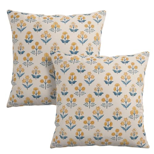 Wnoesat Blue Yellow Block Print Pillow Covers 18x18 Set of 2 Vintage Boho Floral Throw Pillows Case Fall Rustic Outdoor Pillowcases Modern Farmhouse Home Decor for Couch Sofa Living Room