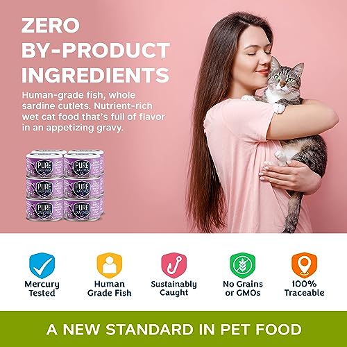 Image of Pure Cravings Wet Cat Food Canned Sardines Cutlets in Gravy, Every Catch is Mercury-Tested, Moist Can Fish for Cats, Grain-Free, Protein, Non-GMO, Pack of 12