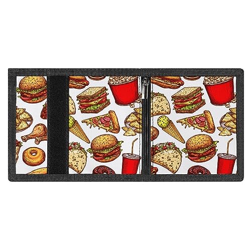 Burger, Hot Dog Pizza Slices Hamburger Sandwich Soda Donut on White Trifold Wallet, Stylish Purse With Keychain, Credit Pass Case Card-Holder for Crash Bills Receipts Women Men 5 x 3.3 x 0.2 Inch3