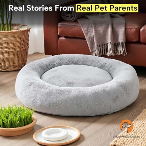 Image of Fabric Fluffy Washable Waterproof Dog Bed For Summer | Large Size Round Pet Bed For Golden Retriever, Labrador, Pug, Beagle | Anti-Skid, Soft & Cozy For All Breeds (Gray, S)