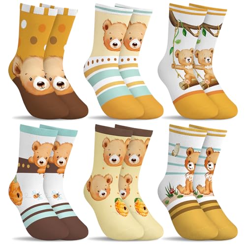 hometrixx 6 Pairs Kids Boys Soft Socks Funny Cartoon Bear Yellow Brown Breathable Cotton Crew Sock aged for 2-5T
