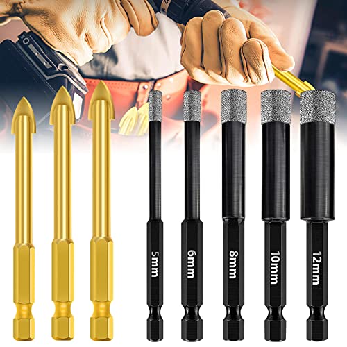 Broca Diamante Porcelanico Set 5 Piezas Brocas Diamantadas Porcelanico 5,6,8,10,12 Mm y 3 Piezas Diamond Drill Bits 6,8,10 Mm Vástago Hexagonal Para Taladrar Vidrio Cerámica Granito Mármol Porcelana