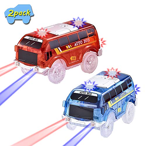 codomoxo Autobús Escolar, 2019 Circuitos de Autos nuevos Especiales con 5 Luces LED, Accesorio Magic Track (Autobús de 2 Coches)