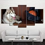MCZQT Bilder Gerahmtes Wohnzimmer Hd Gedruckt 5 Panel Schöne Hundesport Basketball Basketball Wohnkultur Wandkunst Gemälde Modulare Leinwand 40X60Cmx2 40X80Cmx2 40X100Cmx1 Gerahmt