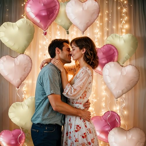 Image of KatchOn, Pastel Valentines Heart Balloons Foil - 18 Inch Pack of 12 | Heart Shaped Balloons for Valentines Day Decorations | Galentines Balloons, Galentines Day Decorations | Valentines Heart Balloons