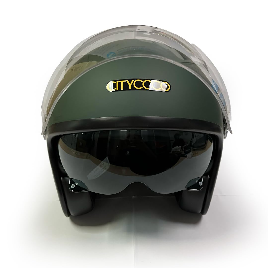 Motosiklet Yarım Kask , Mat Yeşil, Çift Vizörlü, Vintage Stil, Terletme Yapmaz Pedler -M Beden
