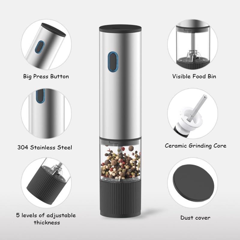 Image of Konquer TimeS Automatic Electric Pepper Grinder with Light, Gravity Sensor Salt & Pepper Mill, Adjustable Coarseness, One-Hand Operation, Stainless Steel Design, Battery Powered Spice Grinder