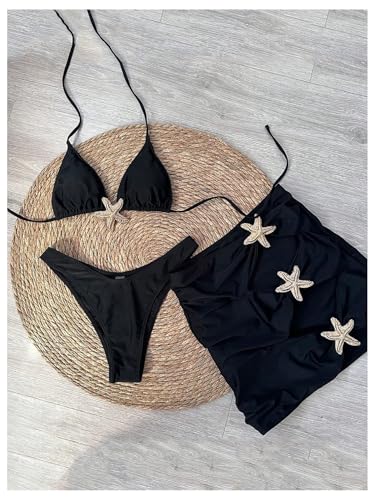 MakeMeChic Women's 3 Piece Bikini Set Halter Triangle Metal Starfish Swimsuit with Cut Out Cover Up Skirt4