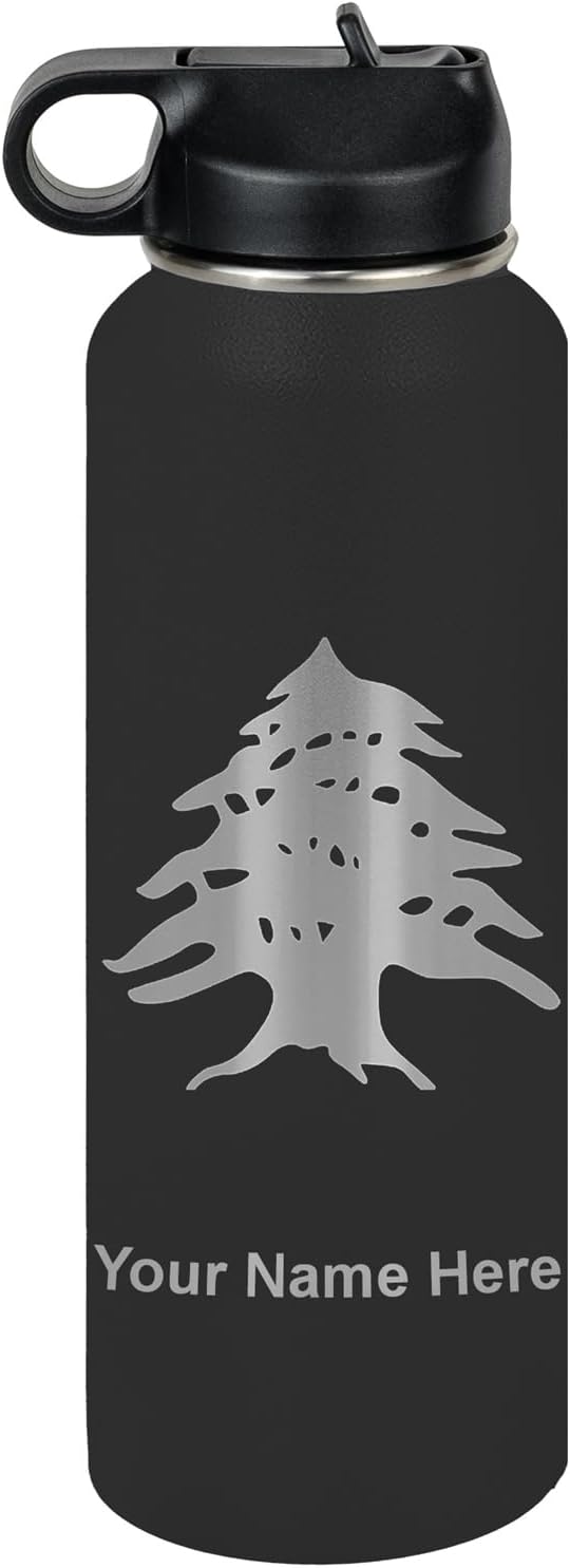 LaserGram Personalized Water Bottle, Flag of Lebanon, Stainless Steel Double Wall Vacuum Insulated with Flip Top Straw, Custom Engraved Gift (40oz / 1180ml Black)