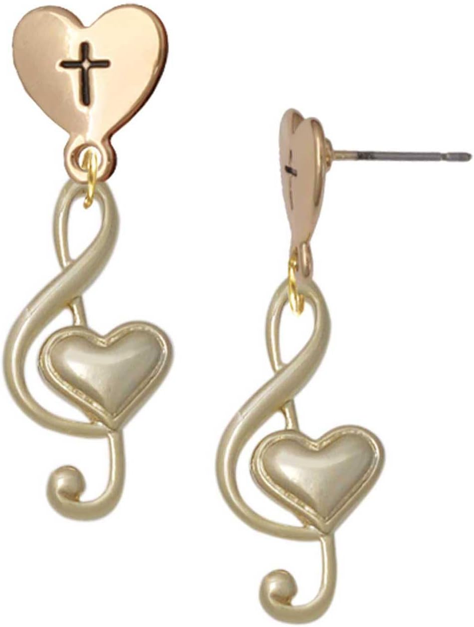 Delight Jewelry Plated Large Clef with Heart Plated Cross in Heart Post Dangle Earrings