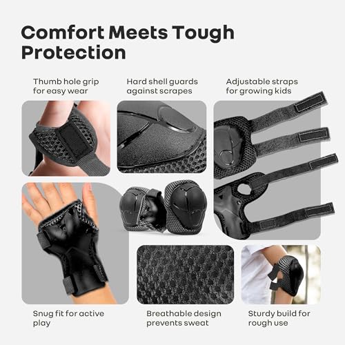 Image of R for Rabbit Safe Play Protector Pads for Kids | Knee, Elbow & Wrist Guards Set | Adjustable Protective Gear for Cycling, Skating | PP Shell EVA Soft Liners Cushion Pads for 6-12 Years (Black Sports)