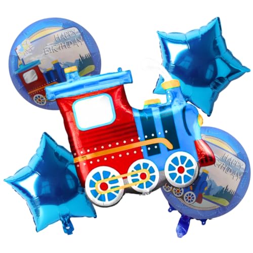 Image of Party Decorz Train Happy Birthday Foil Balloon Set Of 5pcs(1pcs Train Balloon+ 2pcs Star Balloon +2pcs Happy Birthday Balloon) For Vehicles /Transportation /Construction Theme