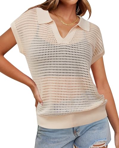 Image of Arach&Cloz 2025 Women's Crochet Cap Sleeve Knit Tops Spring Summer Shirts Lightweight Collared Hollow Out Casual Blouses